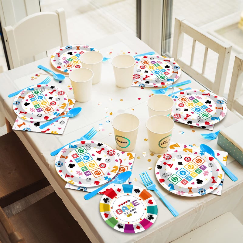 Wiooffen 96 Pcs Family Game Night Party Supplies Gaming Party Decoration For Birthday Party Video Game Party Tableware Set Kids Game Night Party Paper Plate Napkin Fork 24 Guests - Image 5
